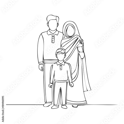 Family Portrait Continuous Line Drawing of Parents and Child in Traditional Clothing