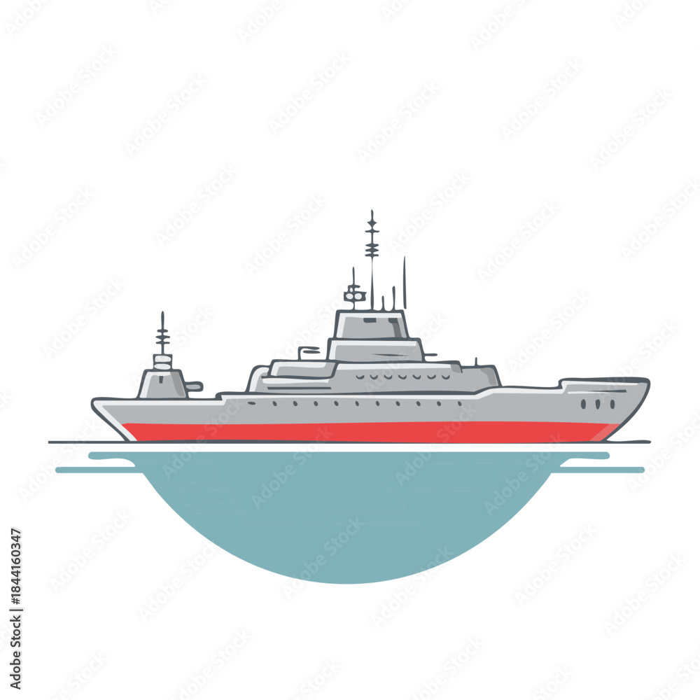 Fototapeta premium Battleship Illustration Floating on Blue Water Military Vessel Navy Ship Armada Drawing