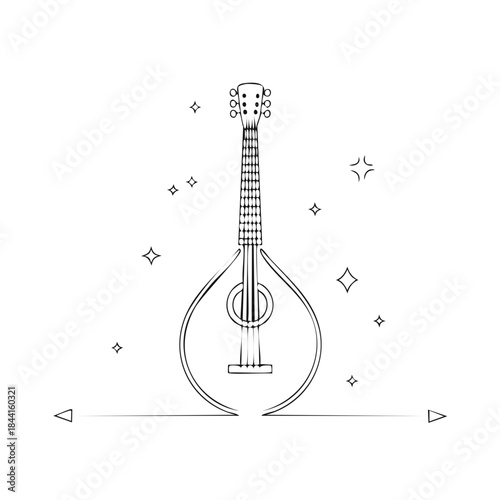 Minimalist Mandolin Illustration with Stars, Musical Instrument Drawing