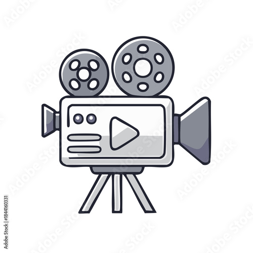 Vintage Style Movie Camera Illustration with Tripod, Grey Scale Icon for Media Production