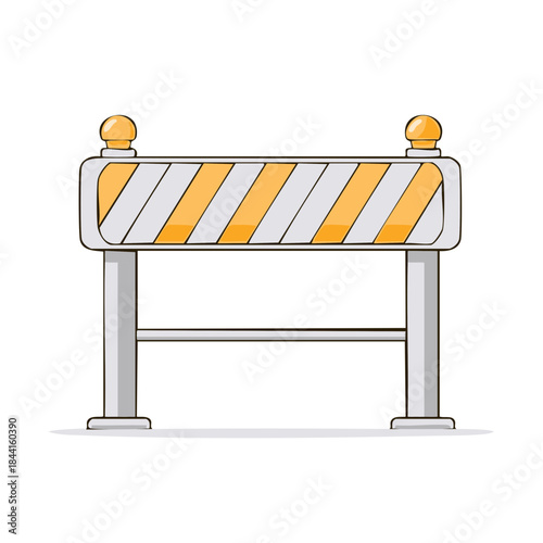Road barrier illustration. A yellow and white striped road barricade blocking path. Warning sign for caution about construction site ahead.