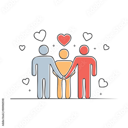 Gay couple adoption of a child symbol of homosexual family and love bond with happy people