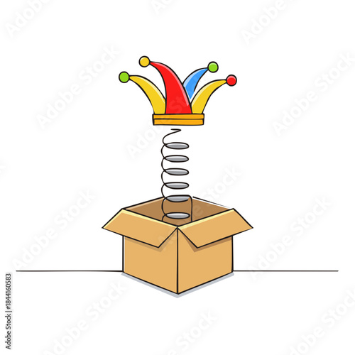 Fool's hat popping out of cardboard box with spring on white