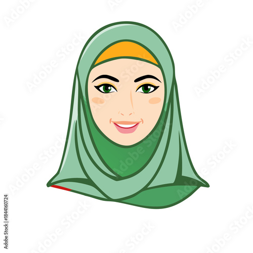 Portrait of a Smiling Woman Wearing a Hijab; Muslim Female with Green Headscarf