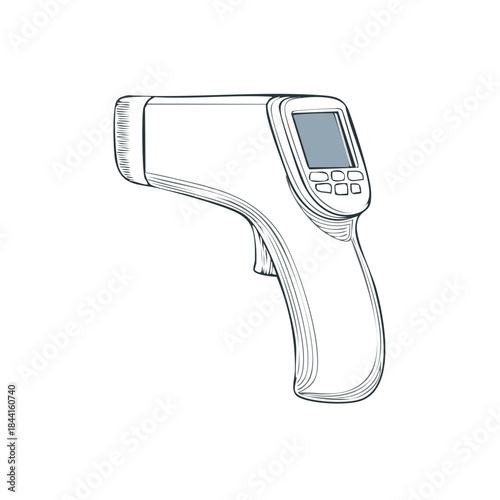 Infrared Thermometer Sketch: Contactless Fever Detection, Digital Display, and Healthcare Device Illustration