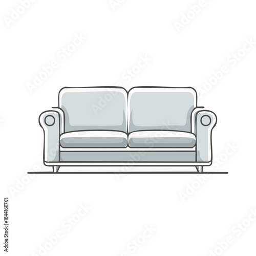 Comfortable light grey sofa, couch, seating on white, drawing of a living room furniture