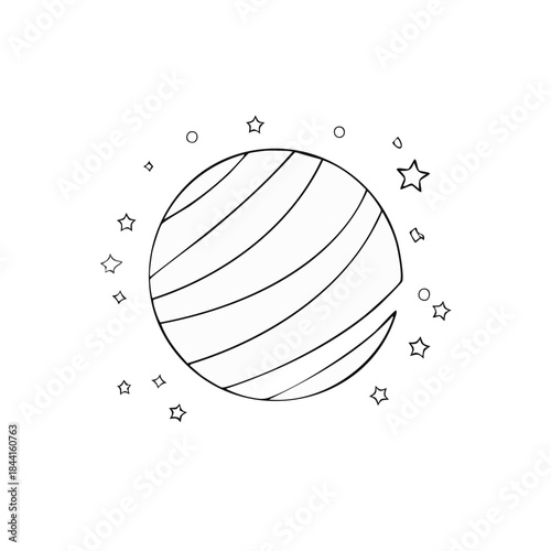 Striped planet surrounded by stars in hand drawn doodle style vector illustration isolated on white
