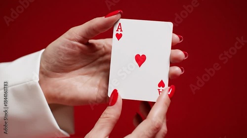 Woman hand holds ace of hearts playing card against red background