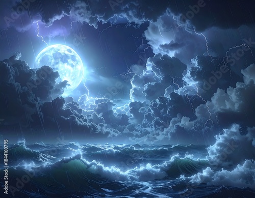 Wallpaper Mural Dramatic night seascape with moon, lightning, and churning sea Torontodigital.ca