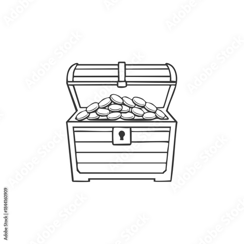 Open Treasure Chest Full of Coins Outline Illustration of a Vintage Wooden Storage Box with Money
