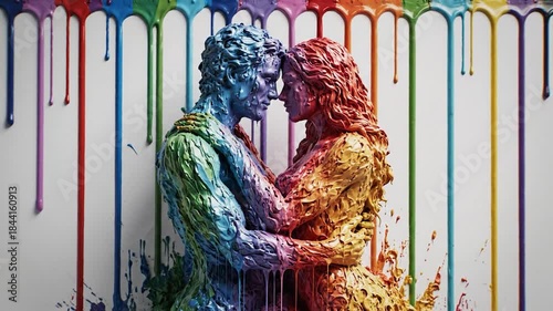 Colorful human figures covered in vibrant paint embracing against a clean white background artwork