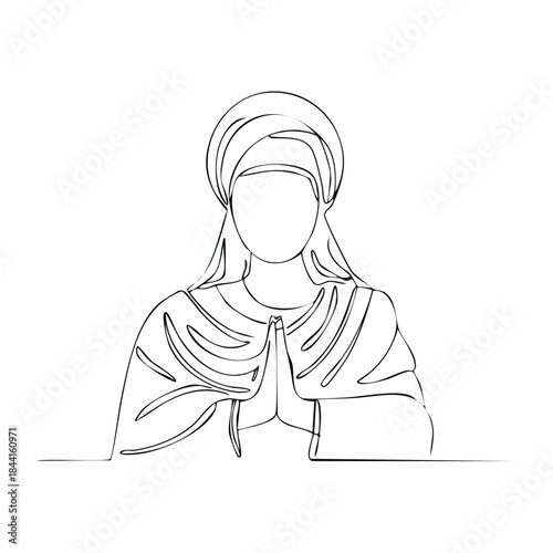 Continuous line drawing of praying figure with halo hands folded in supplication line art female character religious symbol faith illustration