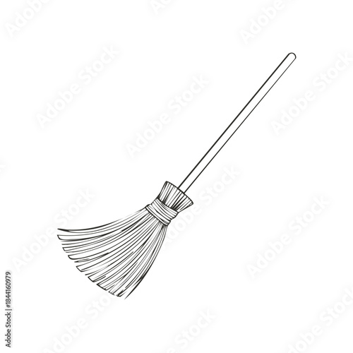 Line art illustration of a broom for cleaning purposes leaning diagonally on a plain background