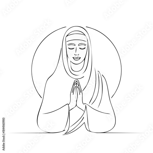 Vector illustration of a nun praying with her hands clasped, symbolizing spirituality and faith in a minimalist design