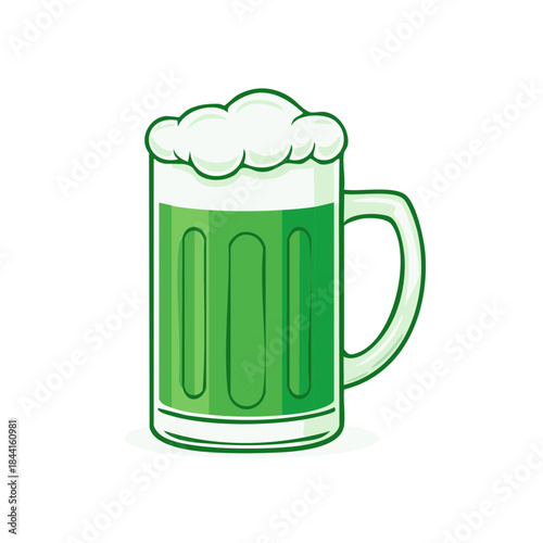 Green beer mug filled with foamy beverage to celebrate St. Patrick's Day tradition or festive St. Paddy's, in a classic styled glass.
