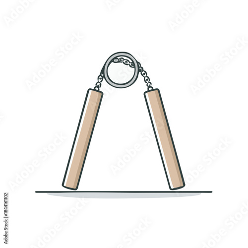 Illustrated wooden Nunchucks martial arts weapons for self defense on floor in flat design