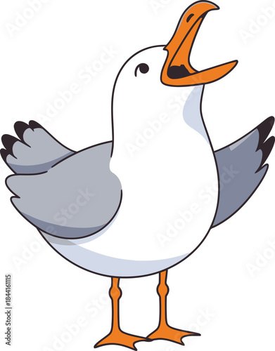 Cartoon seagull with an open beak wings slightly spread stands facing forward on legs