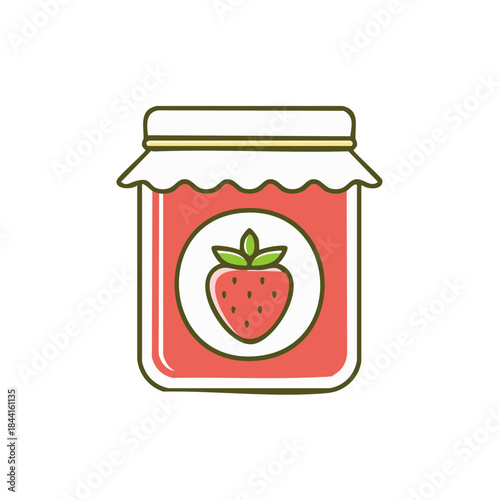 Strawberry jam in glass jar with decorative label, homemade marmalade, food preservation concept