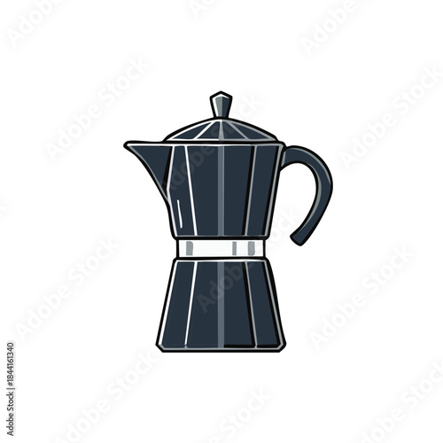 Stylish Italian Moka Pot Illustration for Espresso Brewing with a Silver Band and Classic Design in a Vector Format