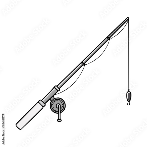 Illustration of Fishing Rod with Reel and Lure Ready for Casting on White Background