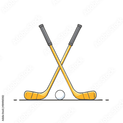 Crossed yellow hockey sticks with a puck illustration for sporting concepts