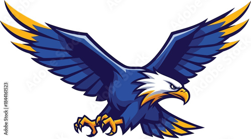A majestic eagle with outstretched wings displaying a vibrant blue and yellow color scheme