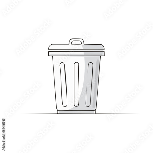 Sketch of a White Plastic Trash Can with Lid in Clean Minimalist Style