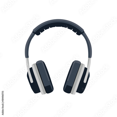 Dark Grey Headphones With Metallic Yokes Flat Vector Illustration Audio Listening Electronic Technology Accessories Device