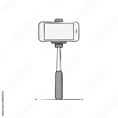Minimalist Line Art: Smartphone Mounted on Selfie Stick for Capturing Self-Portraits and Videos
