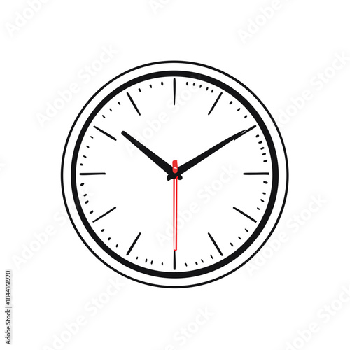 Clock face showing time round with a red second hand black numbers on white background