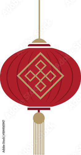 Red chinese lantern with gold geometric pattern and tassel