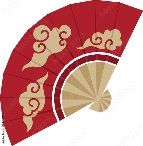 Red and gold folding fan with cloud patterns vector
