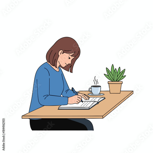 A woman writes in a notebook at a table, with coffee and a plant nearby