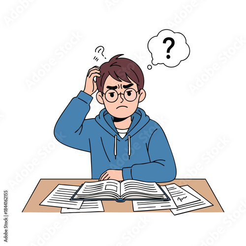 A person at a desk ponders over a book, question mark above them