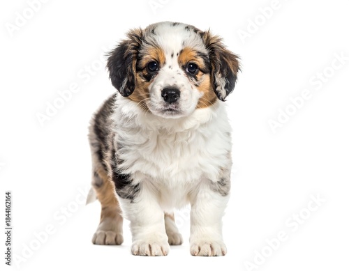 Adorable, fluffy puppy with multicolored fur stands facing forward on a stark white background