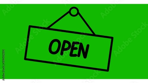 Open signboard store animation. footage open store sign on a green screen background. open sign hanging door store shop