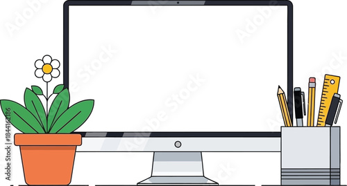 A computer monitor with a potted plant and stationery items displayed nearby