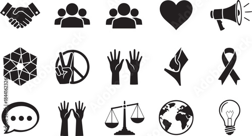 Collection Of Social Justice And Community Icons With Peace Symbols And Scales Of Justice illustration
