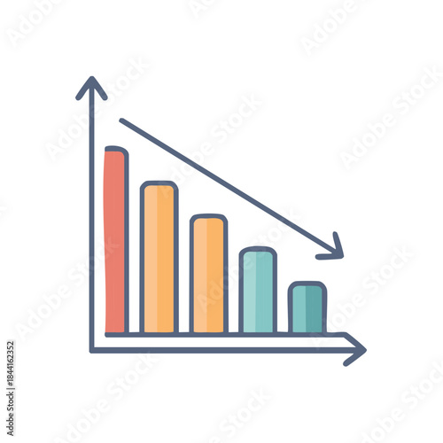 Decreasing Bar Chart Showing Downward Trend with Arrow Indicator Economic Decline Vector Illustration