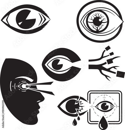 Eye Examination And Vision Problems Medical Icons Black And White Vector ophthalmology