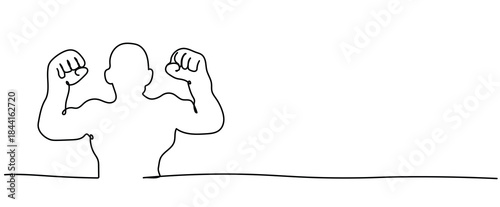 hand drawn male person man fighter posing boxer show off muscles isolated illustration clipart symbol sign, One continuous line drawing for Poster, banner, background with lettering, Doodle outline 