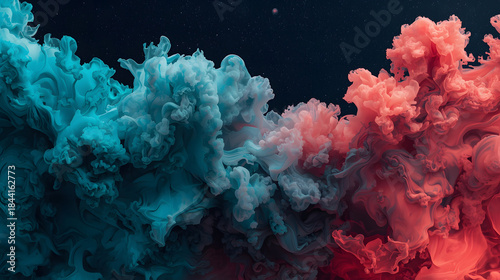 Abstract Fluid Art Background with Teal and Red Ink Flow on Dark Space