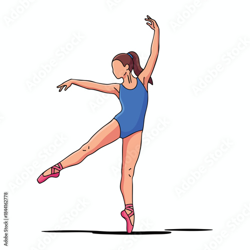 A ballet dancer in a blue leotard in mid-pose, one leg extended and on toe