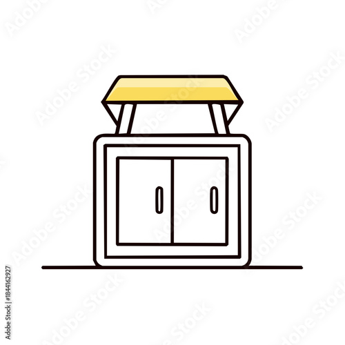Minimalist illustration of a yellow topped kitchen cabinet with closed doors storage interior organization illustration design home decor furniture