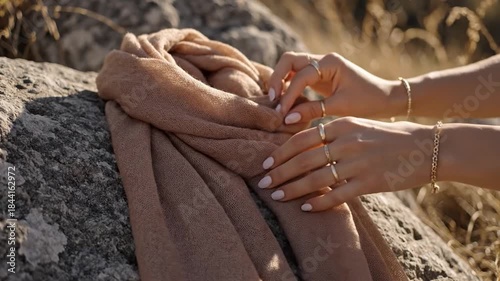 Woman hands gently touch soft fabric on stone surface outdoor in sunlight