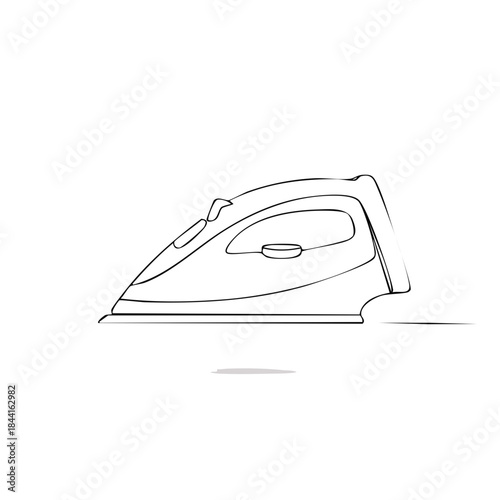 Minimalist contour drawing of an iron used for clothes pressing on a white background, clean style illustration