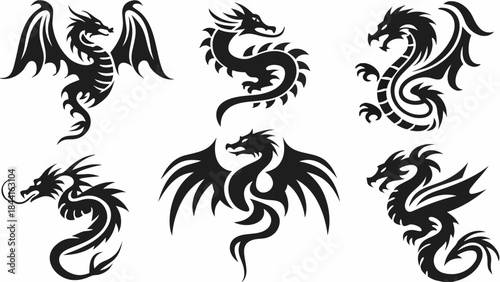 Dragon silhouettes tribal tattoo designs mythical beast fantasy creature vector art graphic icons set