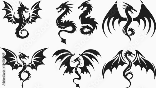 Dragon silhouettes set mythical creature vector graphics fantasy art tattoo design icons collection