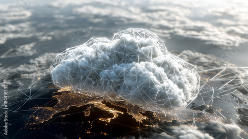 Futuristic Cloud Computing Concept with Digital Network Connections Above a Global Map Representing Data Transfer and Technology Innovation