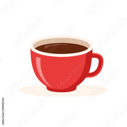 Red mug filled with dark hot coffee. Aromatic beverage in a cup. Cozy breakfast with caffeine drink. Coffee break at home or cafe. Relax